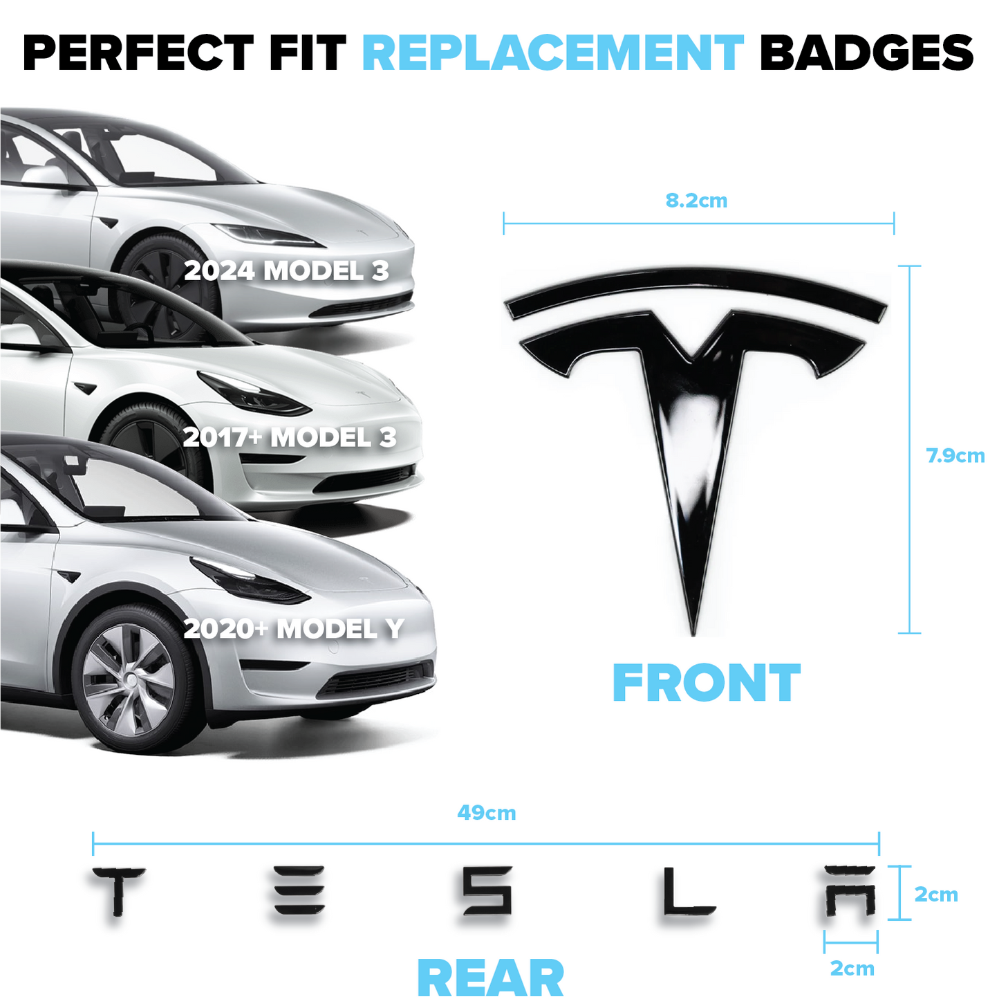 Front "T" Badge with Rear "TESLA" Lettering Badge Set