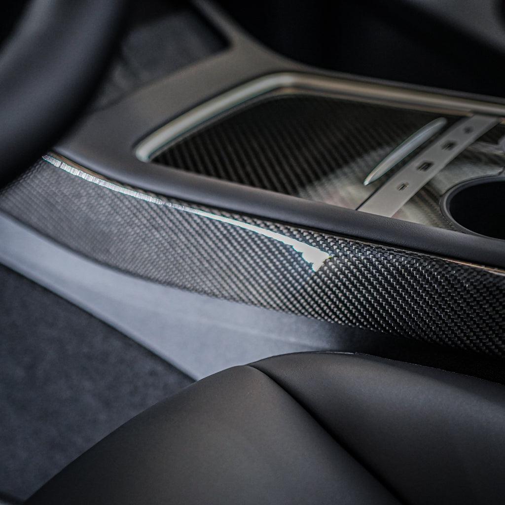 2021+ Model 3/Y Side Center Console Trim Covers - Gloss Diagonal Weave Carbon Fiber