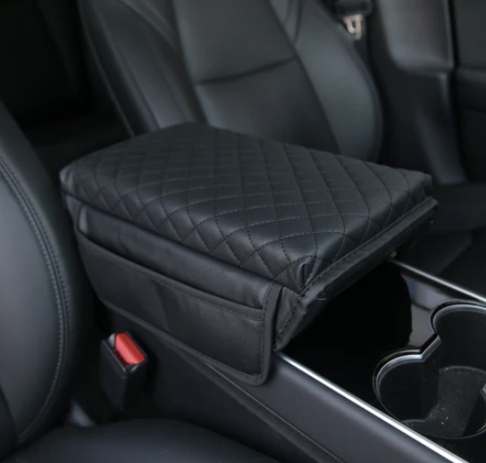 Model 3/Y Padded Black Leather w/ Diamond Stitching + Pocket Armrest Cover