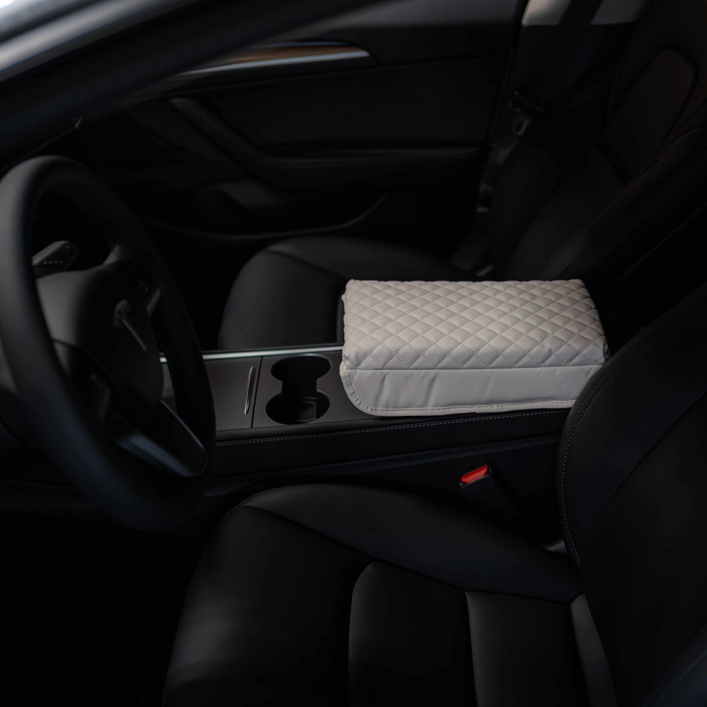 Model 3/Y Padded Black Leather w/ Diamond Stitching Armrest Cover