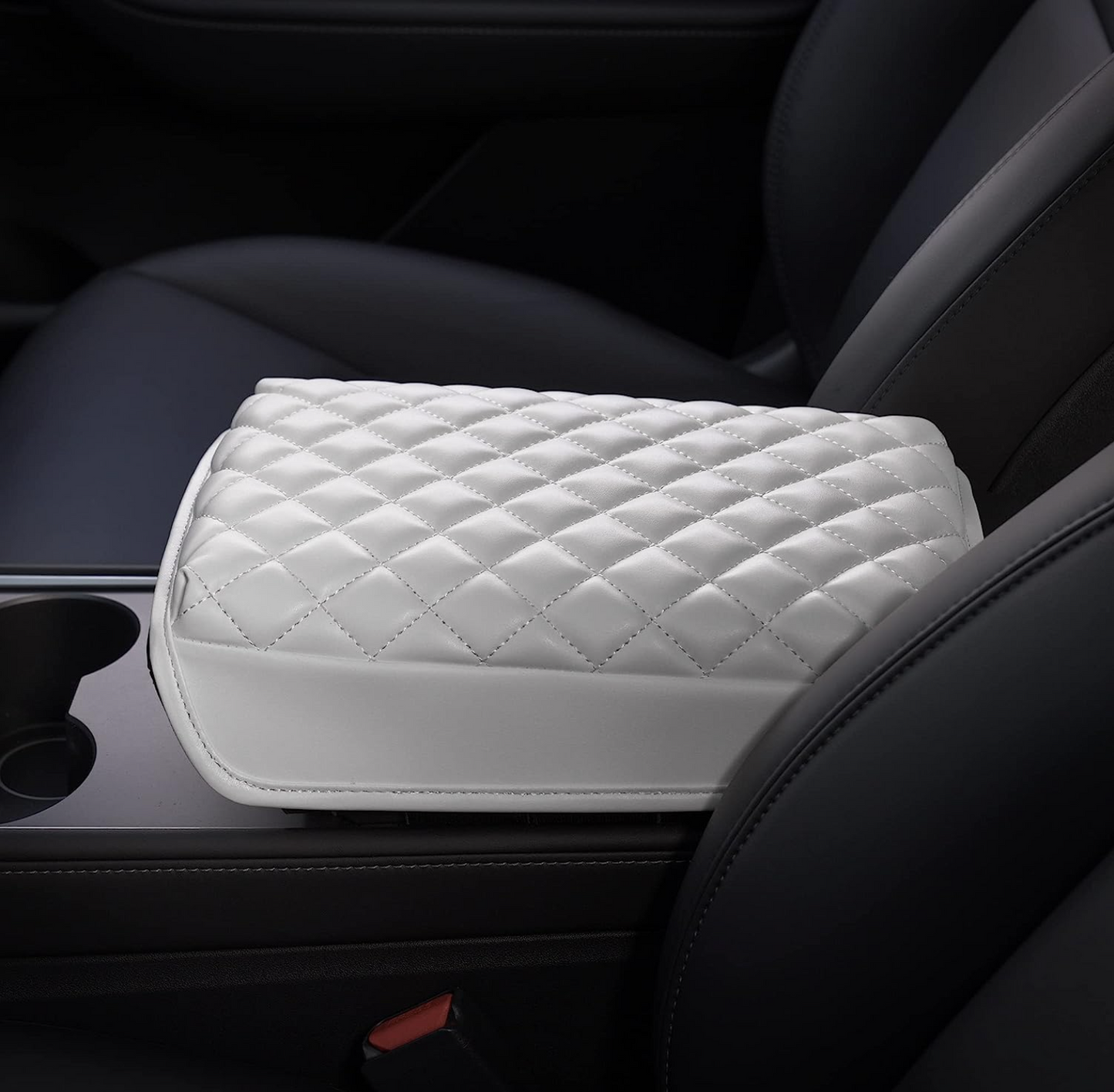 Model 3/Y Padded Black Leather w/ Diamond Stitching Armrest Cover