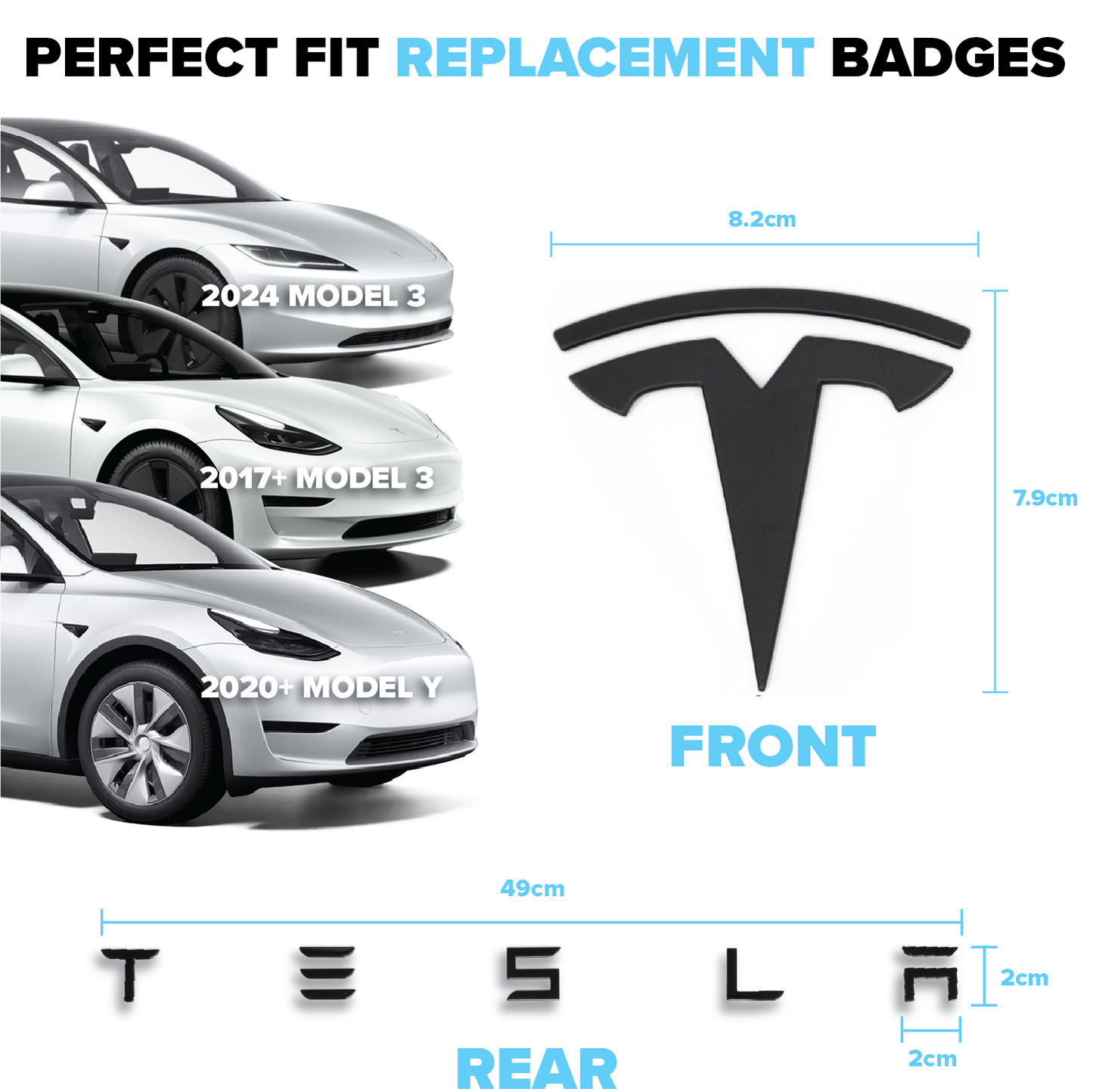 Front "T" Badge with Rear "TESLA" Lettering Badge Set