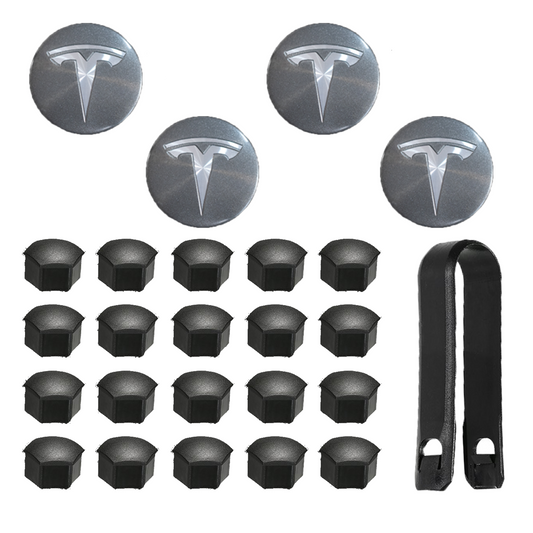 Tesla Wheel "T" Logo Center Caps + Lug Nut Covers + Puller Tool